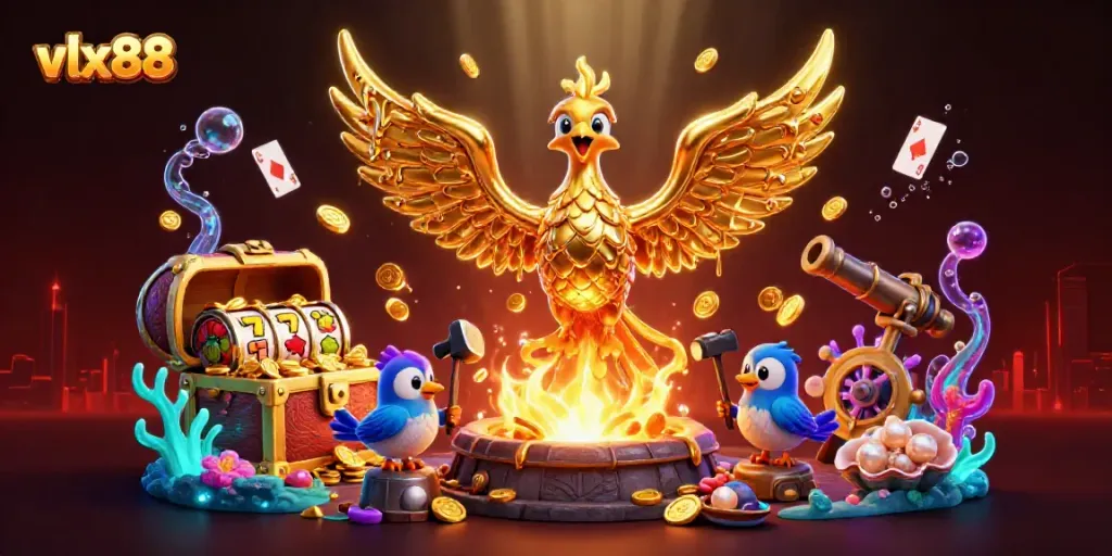 Win with vlxx88 as the golden phoenix and sparrows create jackpot scenes in this vibrant casino illustration.