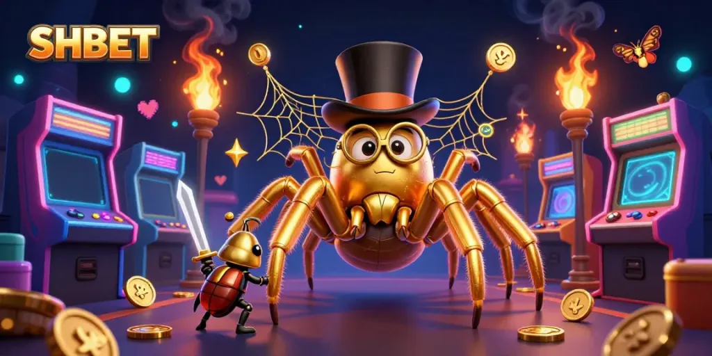 Engage in thrilling gameplay at SHBET, featuring vibrant casino scenes with dynamic characters and golden treasures.