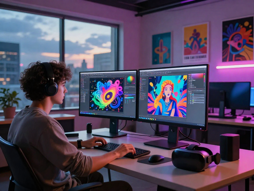 Graphic designer creating innovative NSFW AI-generated artwork in modern studio.