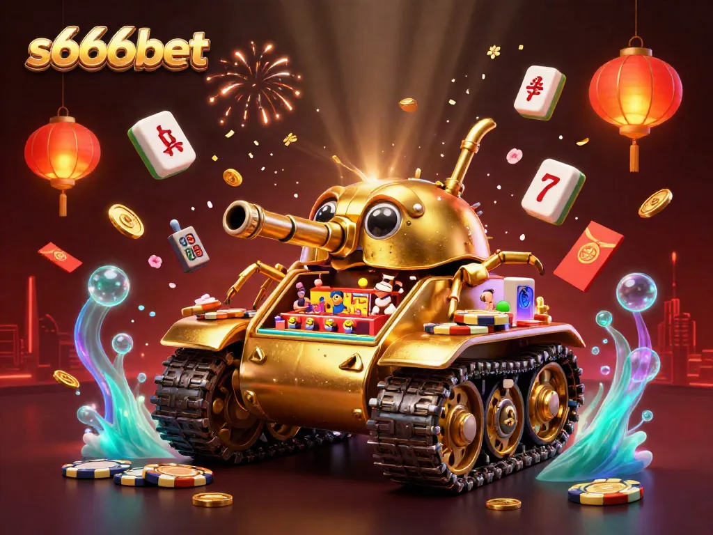 S666bet showcases an immersive 3D casino scene with a unique golden beetle tank and lively gaming ambiance.
