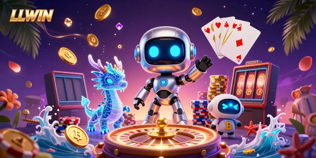 Experience the thrill of LLWIN with a vibrant 3D scene featuring a cyberpunk robot and casino elements.