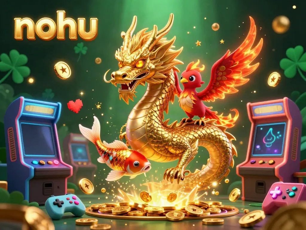 Nohu showcases a thrilling 3D illustration of a dragon and phoenix amidst coins, representing slots and jackpots.