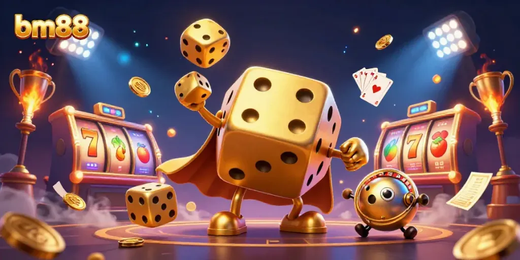 Engage with exciting gaming experiences at bm88, featuring a golden dice golem and exhilarating slot elements.