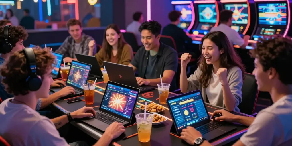 Engaging gaming experience at 9bet.com with friends enjoying vibrant casino games.