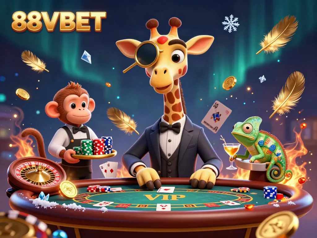 Engage in excitement with 88VBET featuring a high-roller giraffe and a playful monkey at a lively poker table.