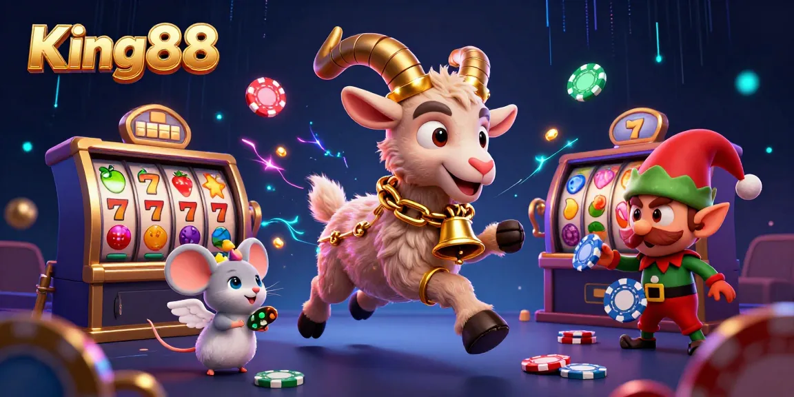 Experience King88's lively casino scene with Krampus goat and mischievous elves stealing poker chips.