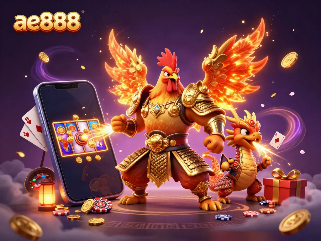 Engage with ae888's dynamic casino scene showcasing a fighting rooster and dragon amidst slot games and vibrant casino elements.