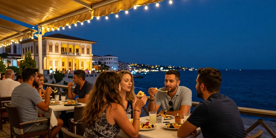 Antalya weather in May evening scene showcasing travelers enjoying nightlife with Mediterranean views.