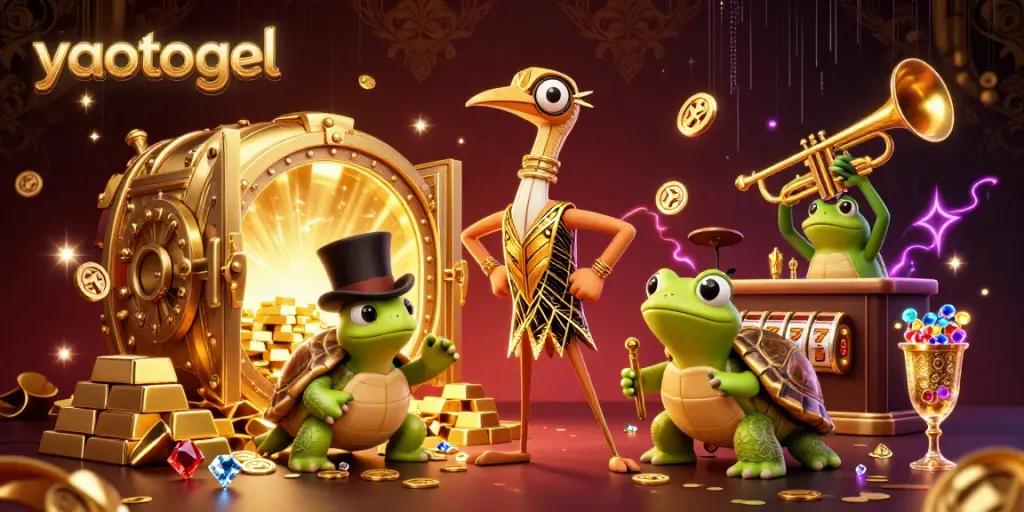 Experience yaotogel excitement with a 3D cartoon illustration of lively characters and casino elements.