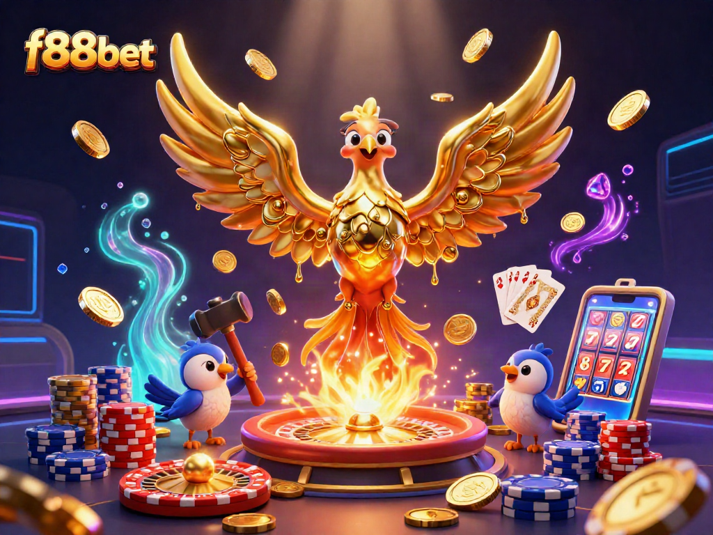 Experience the thrill of f88bet with golden coins and a molten phoenix in this vibrant casino scene.