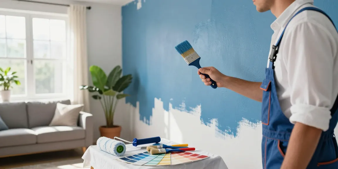 lincoln painter and decorator transforming a cozy living room with fresh blue paint, showcasing craftsmanship and attention to detail
