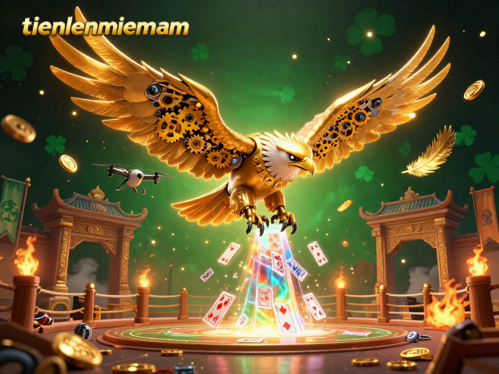 Engage in thrilling gameplay with tienlenmiennam, where a cybernetic golden eagle dives among holographic cards in a vibrant casino scene.
