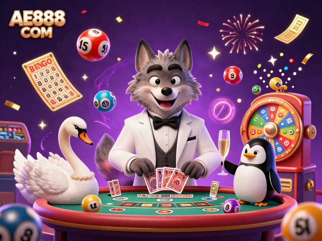 Experience the vibrant casino lifestyle with AE888 COM at the baccarat table featuring colorful game elements and animated characters.