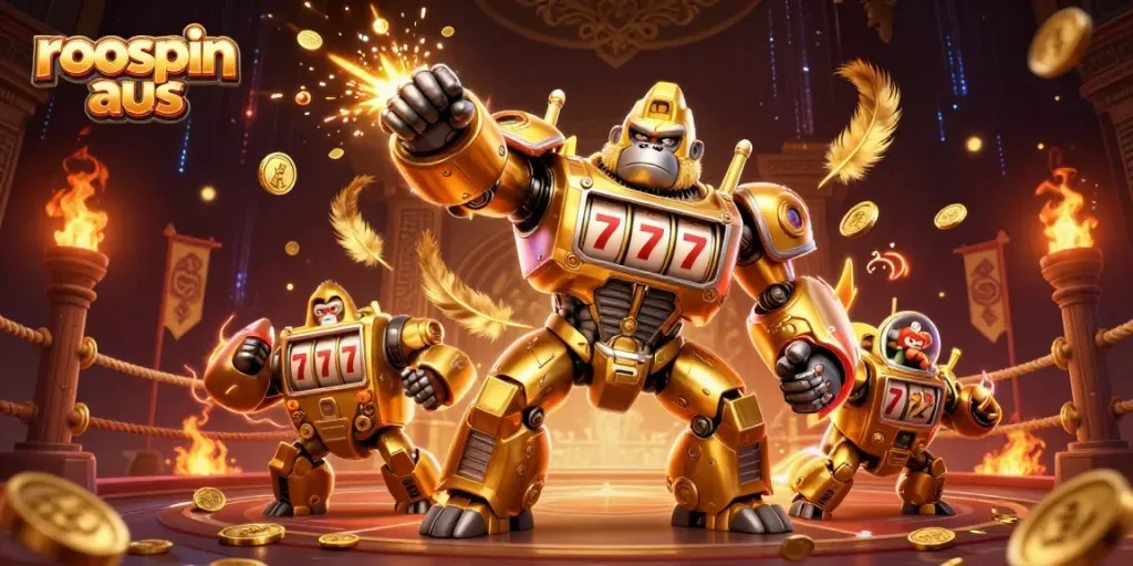 Experience the thrill of Roospin aus with an exhilarating 3D casino adventure illustration.