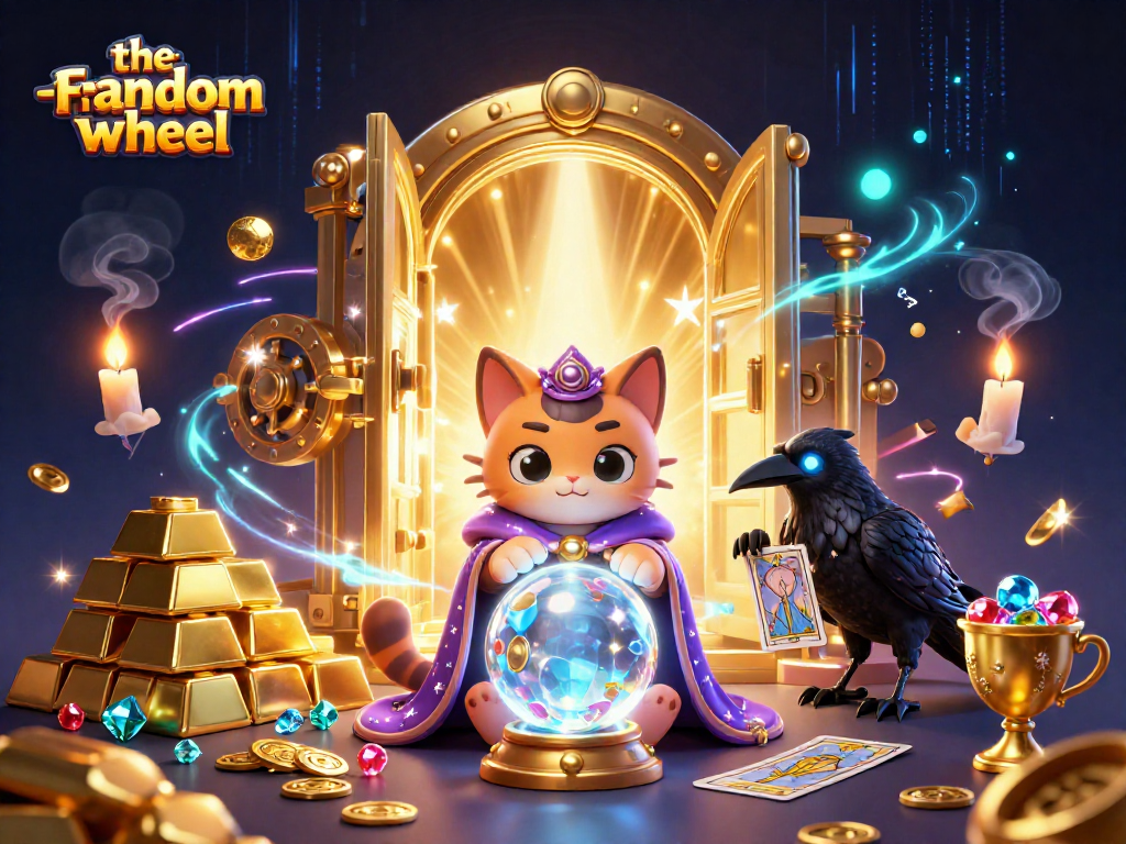 Experience the-random-wheel's thrilling luck with a mystical cat and raven in a treasure-filled casino.