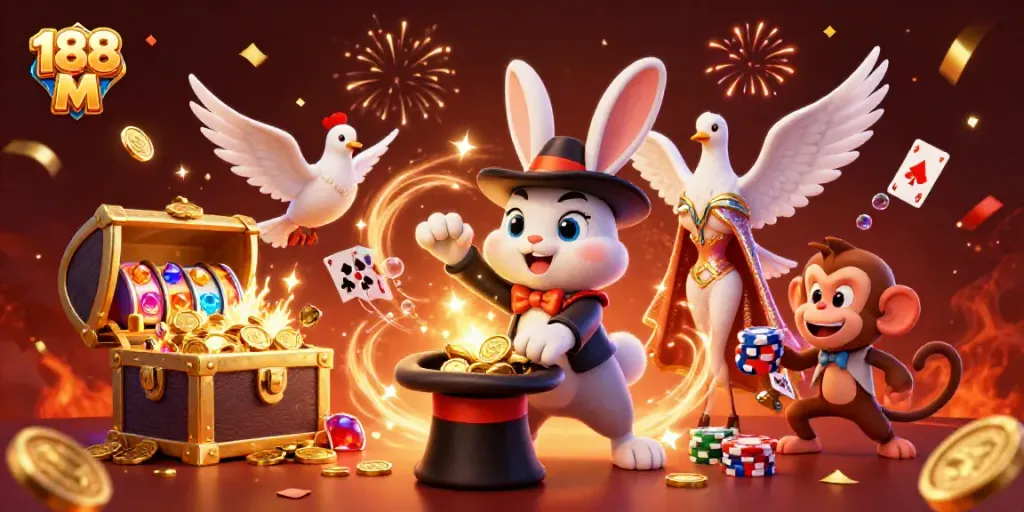 Experience thrilling gameplay with 188 M featuring a magician rabbit pulling winning coins and a vibrant casino atmosphere.