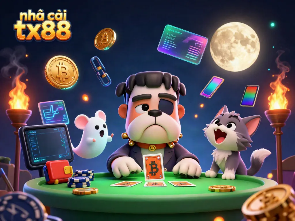 Engage with the vibrant scene of nhà cái tx88, featuring a whimsical Frankenstein bulldog dealer at a glowing casino table.