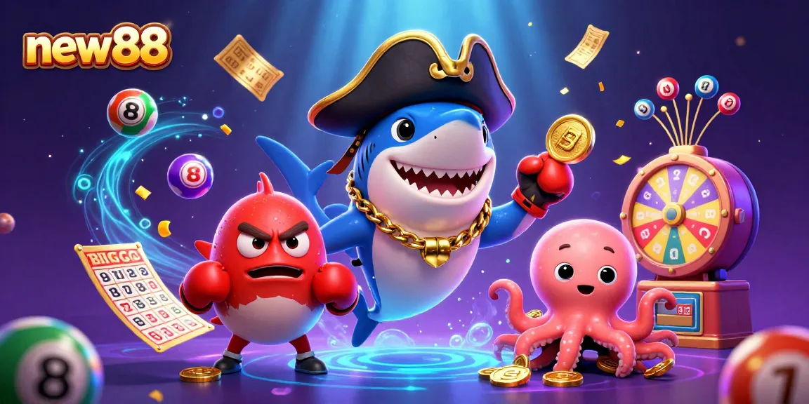 Engage in exciting gameplay with new88 as vibrant characters celebrate wins among lottery balls and rewards.
