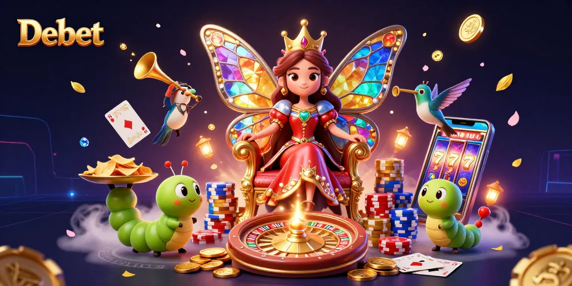 Engage with Debet's vibrant 3D illustration showcasing a butterfly queen surrounded by casino elements.