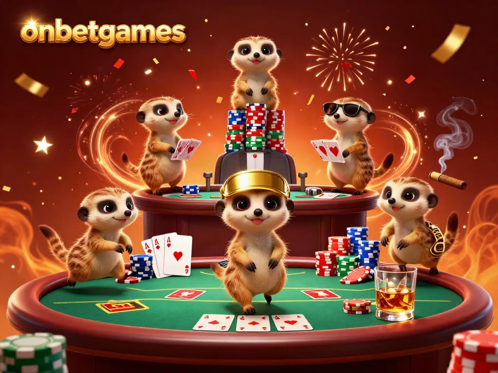 Experience the excitement of onbetgames with a vibrant casino scene featuring meerkats and poker elements.