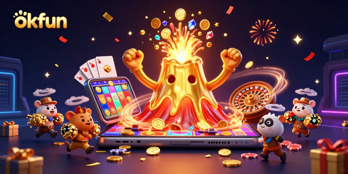 okfun showcases a dynamic casino scene with a golden volcano and treasure-hunting animals.