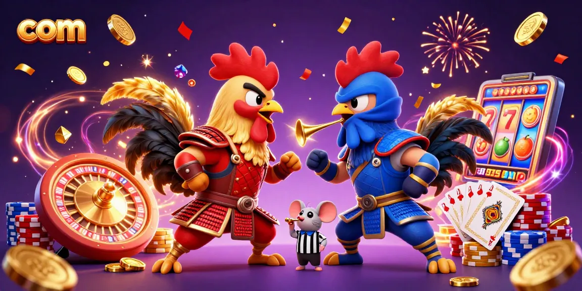 Experience epic battles at com's casino with cartoon roosters, golden coins, and a roulette wheel!