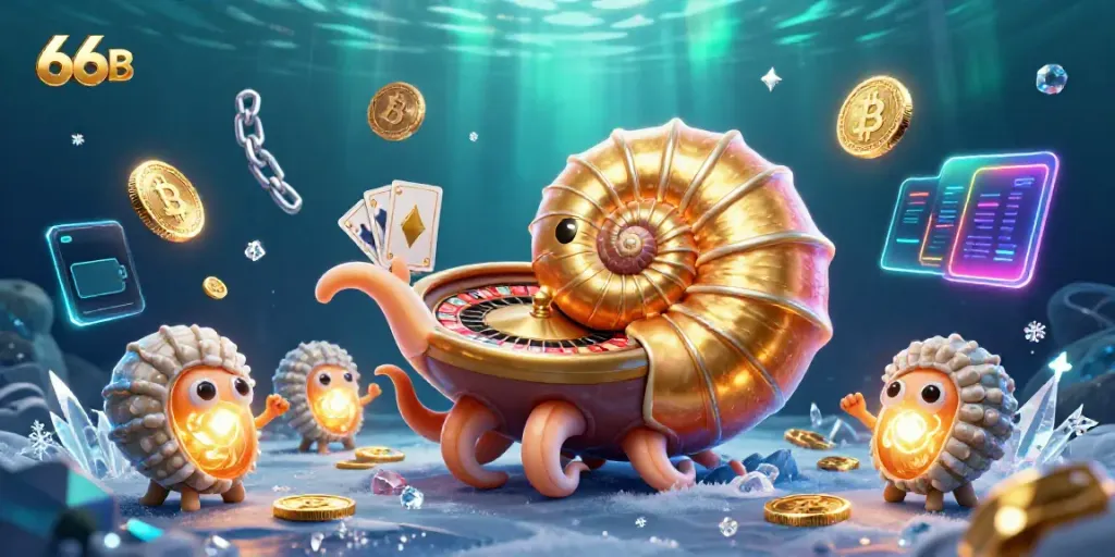 Engage in thrilling casino gameplay with the vibrant 66 B nautilus illustration showcasing cards and crypto elements.
