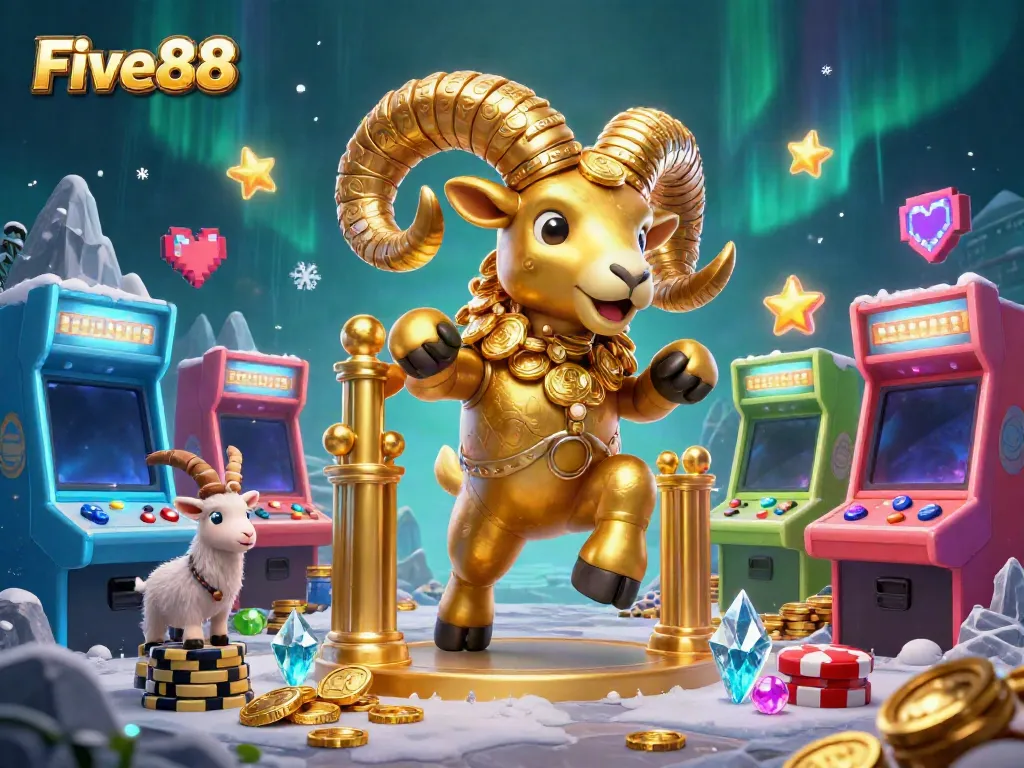 Engaging scene showcasing Five88 with a golden ram charging past arcade game machines and casino elements.
