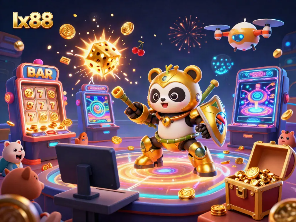lx88 casino scene highlighting vibrant gaming elements with a panda piloting a robot in a dynamic atmosphere
