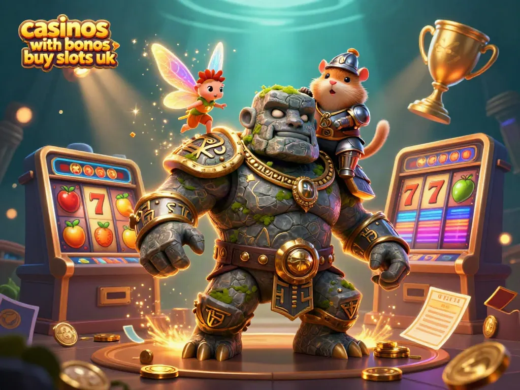 Engage with casinos with bonus buy slots uk through a magical golem and a hamster knight in this detailed illustration.