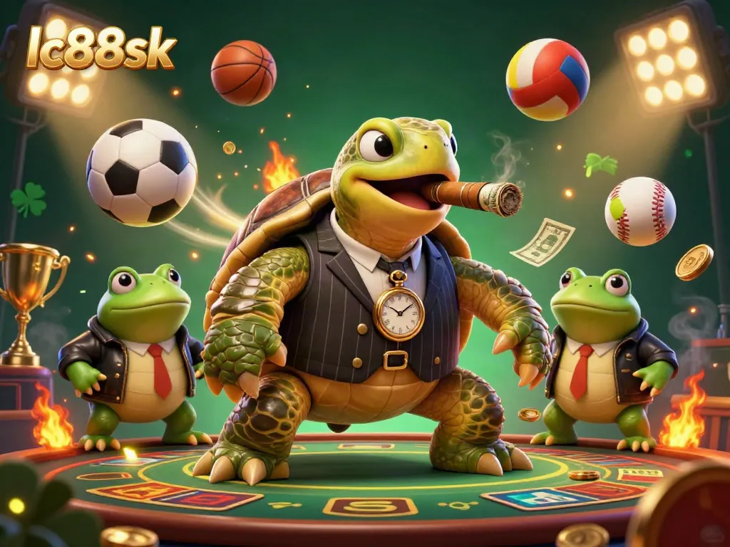 Witness the vibrant lc88sk casino action with a turtle mobster and bullfrog enforcers amidst dynamic sports elements.