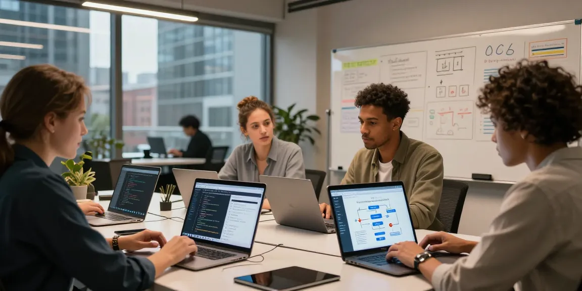 Online payment gateway integration team collaborating in a modern workspace.