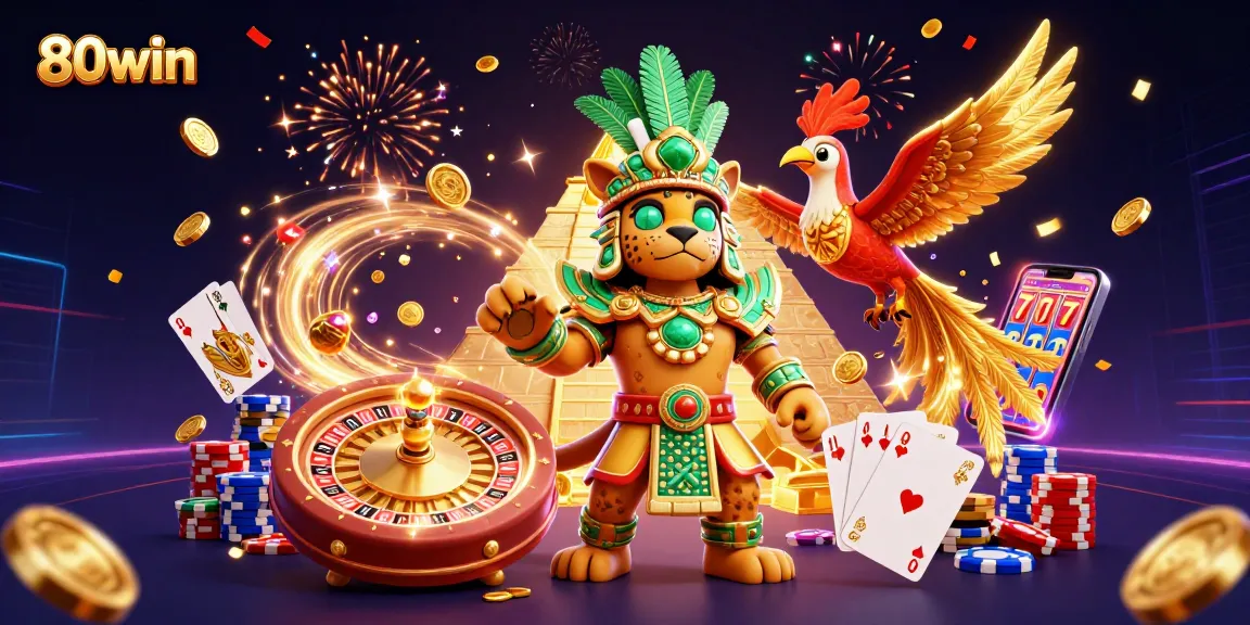 Experience the thrill of winning on 80win with a vibrant illustration of casino excitement featuring intricate characters and game elements.