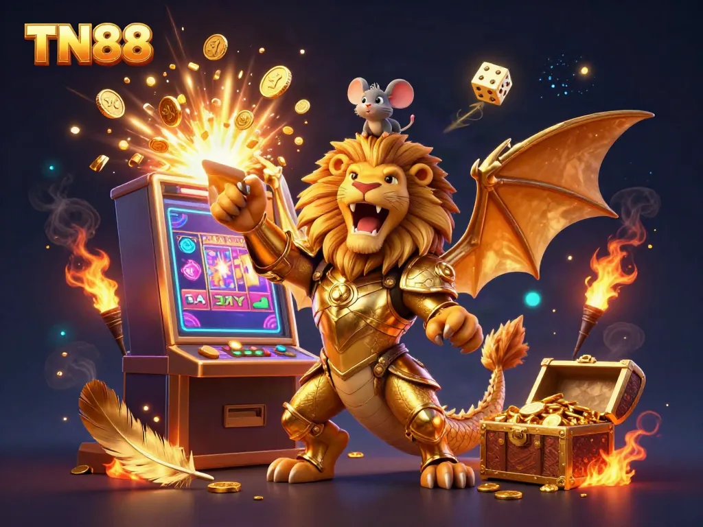 Engage in the excitement of TN88 casino games with a vibrant scene of roaring chimera, golden treasures, and slot machine winnings.