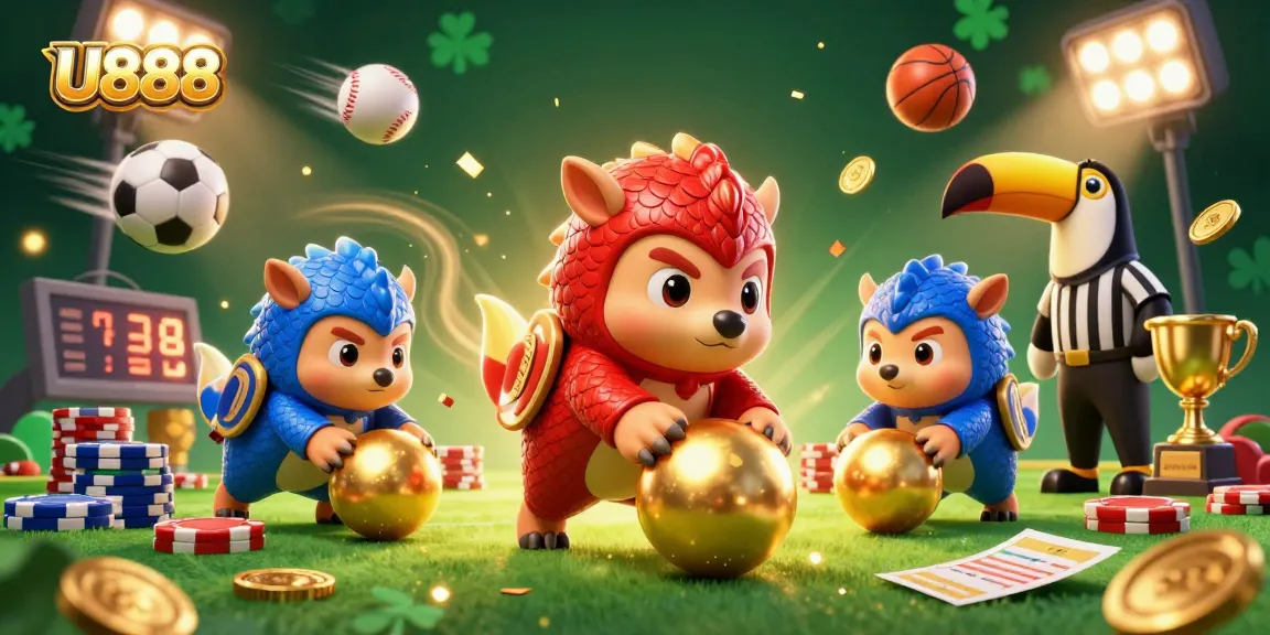 Experience the thrill of U888 with dynamic pangolins and vibrant sports elements in an engaging 3D casino illustration.