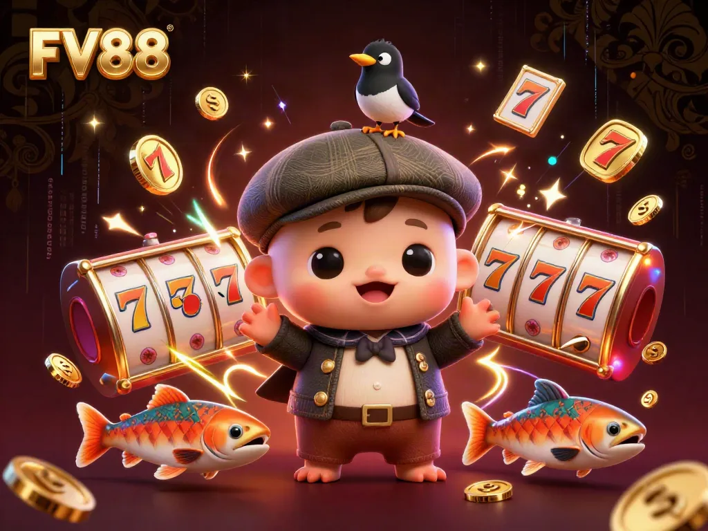 Engage with FV88's exciting gaming scene featuring a playful baby Nessie amidst dynamic slot elements and gold.