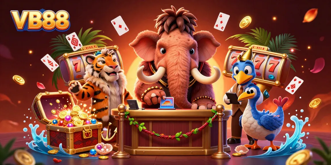 Experience the excitement of VB88 with a dynamic casino scene featuring vibrant characters and games.