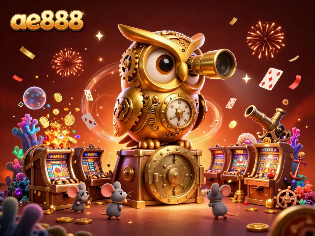Experience the excitement of ae888 with a vibrant 3D illustration showcasing a clockwork owl and casino elements.