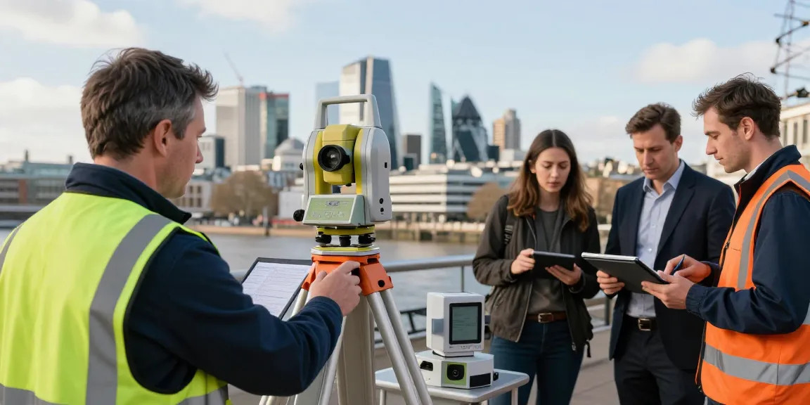 Topographical surveys London - Surveyor using modern equipment in urban area, focusing on accuracy and professional collaboration.