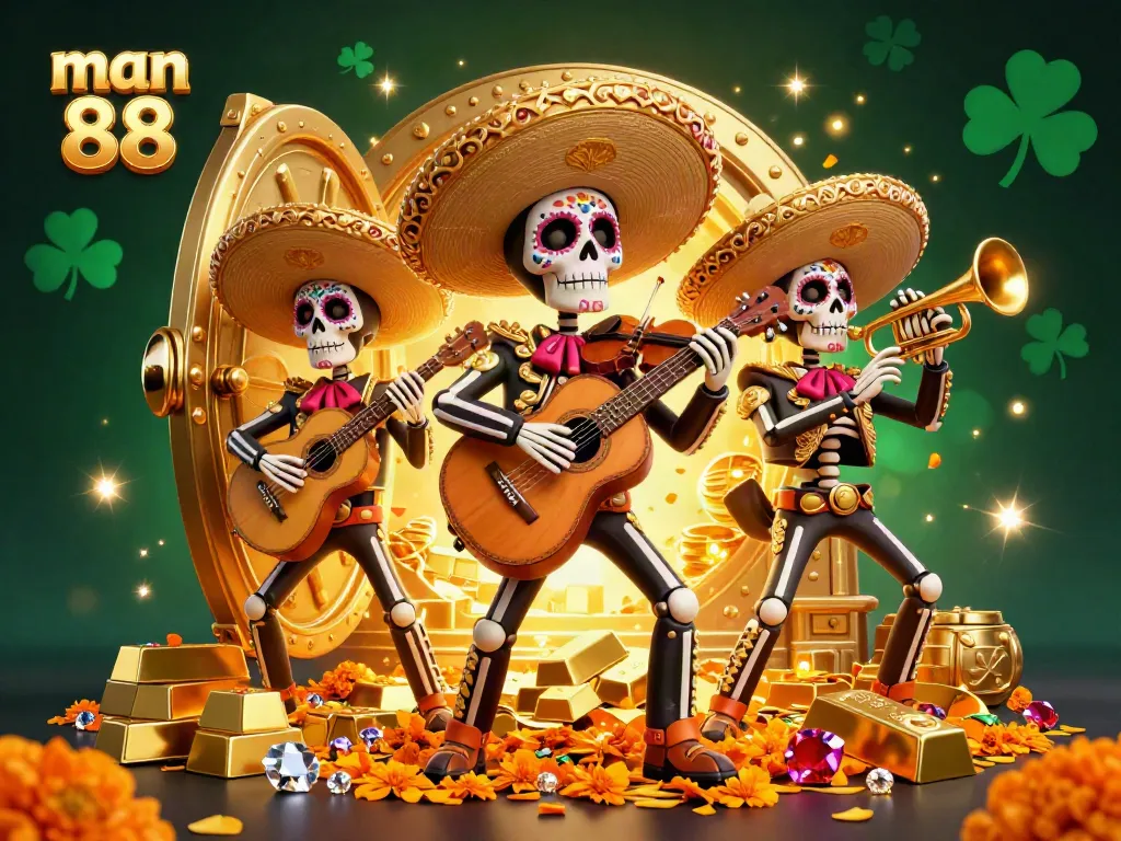 Experience the excitement of winning at man 88 with vibrant scenes of a mariachi band among golden treasures and jewels.
