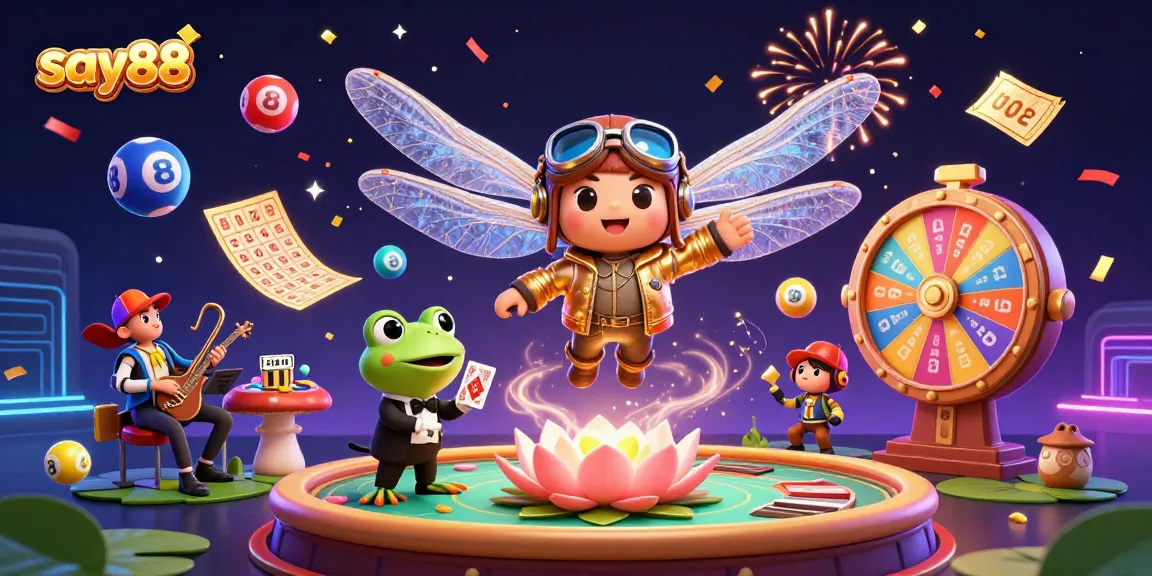 Experience excitement at say88 with a dynamic scene of a dragonfly pilot, frog croupier, and jazz musicians.