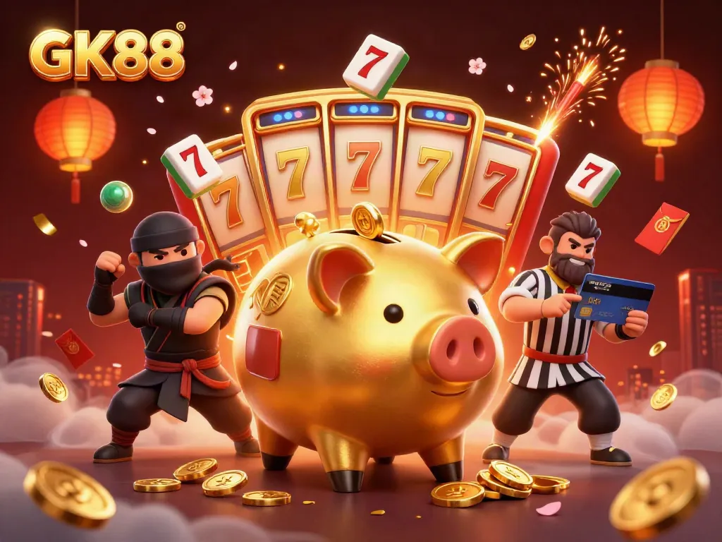 Experience the thrilling GK88 scene with a golden piggy bank sumo wrestler amidst exciting slot game elements.