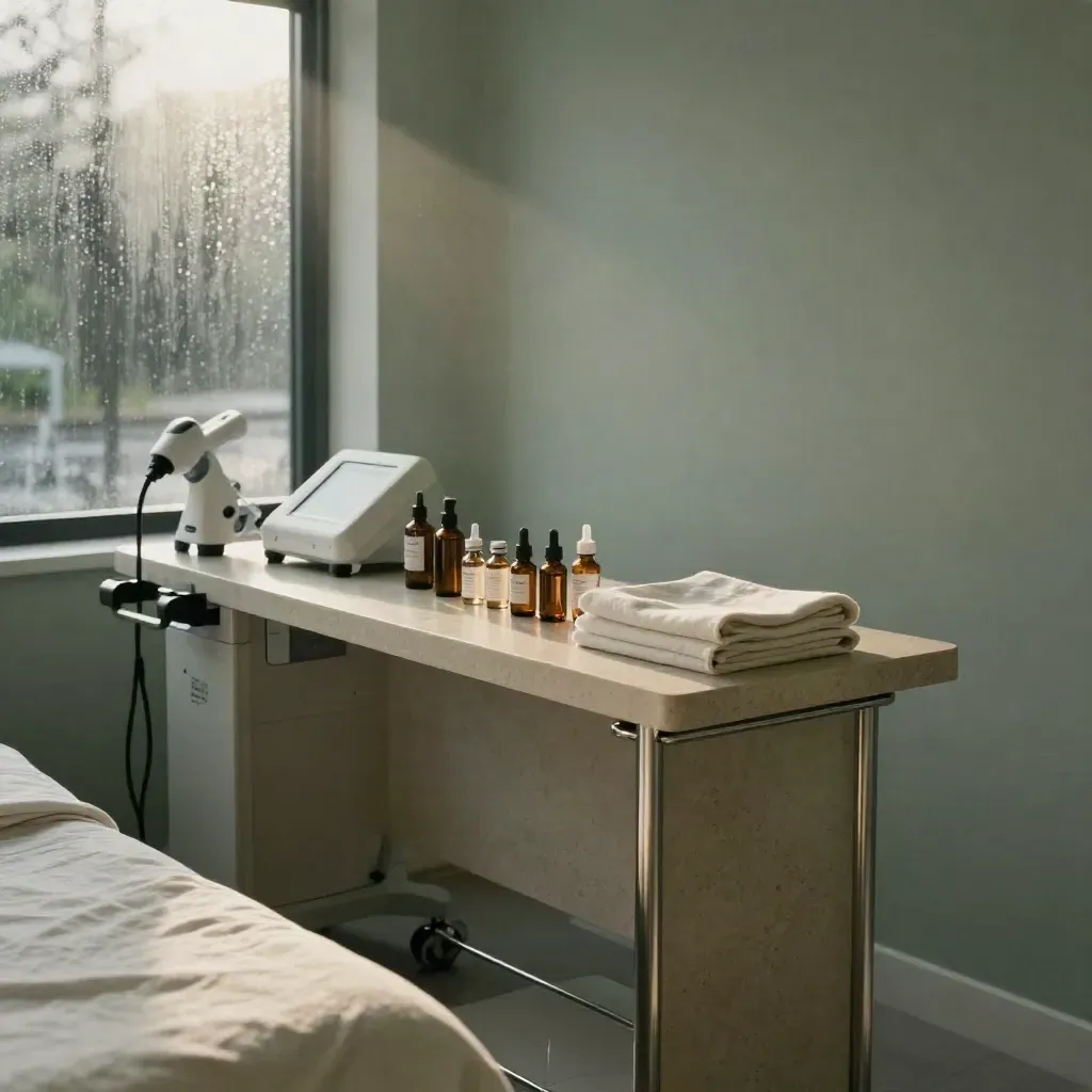 Empty dermatology suite with laser unit, serum vials and rain-glow through glass.