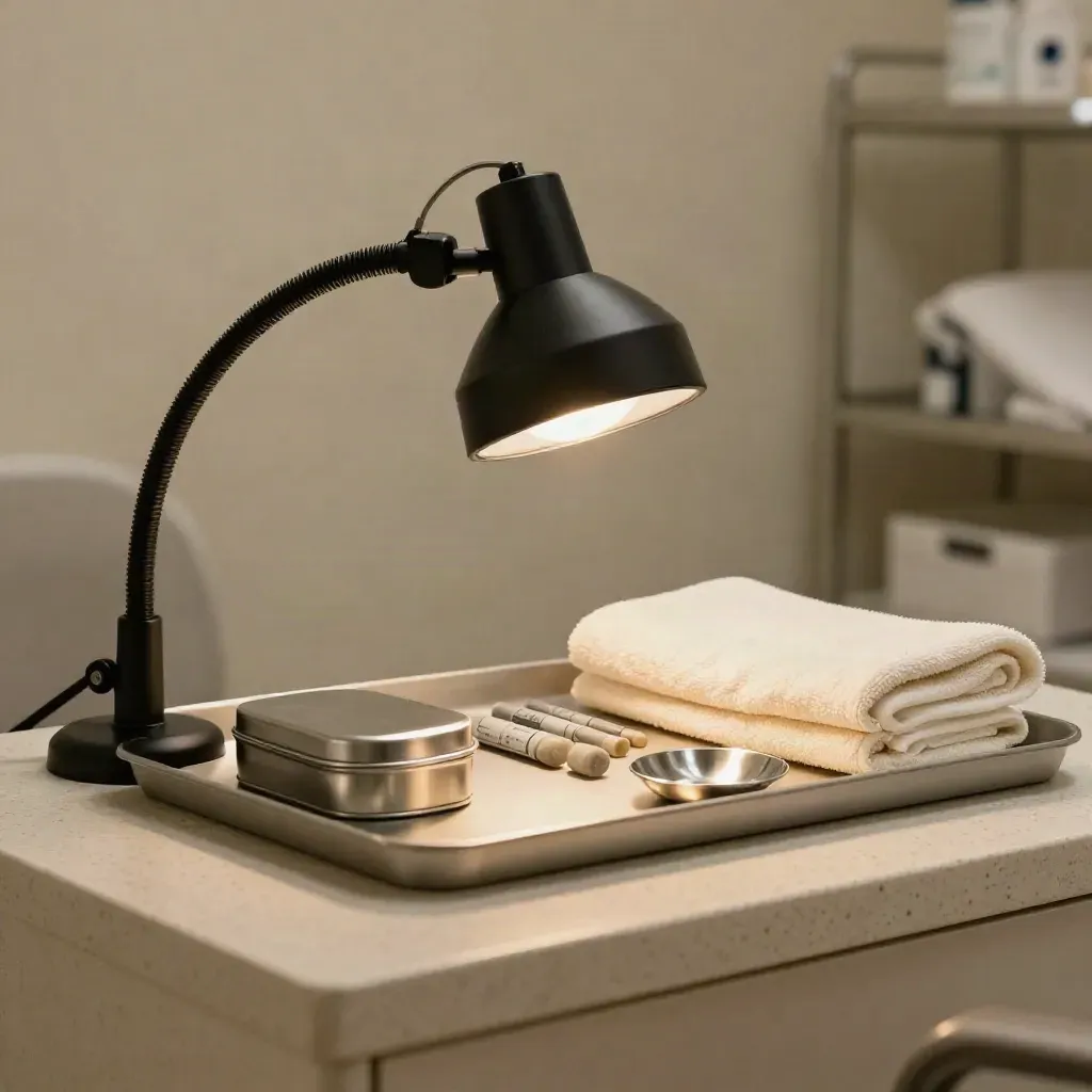 Mole check prep tray with lamp, sample tin, stone markers and folded towel in a clinic