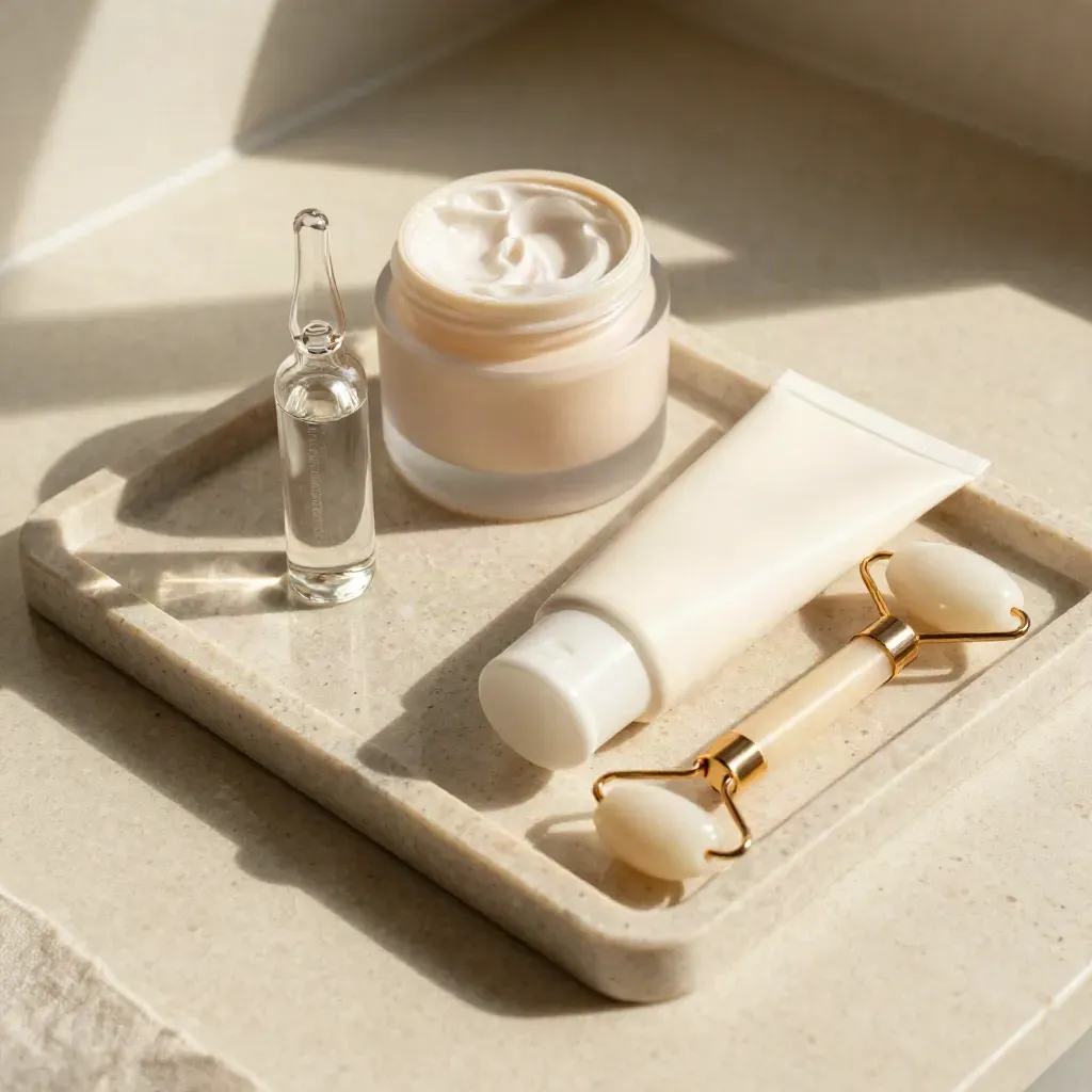 Macro flatlay of pigmentation-care products on pale travertine stone.