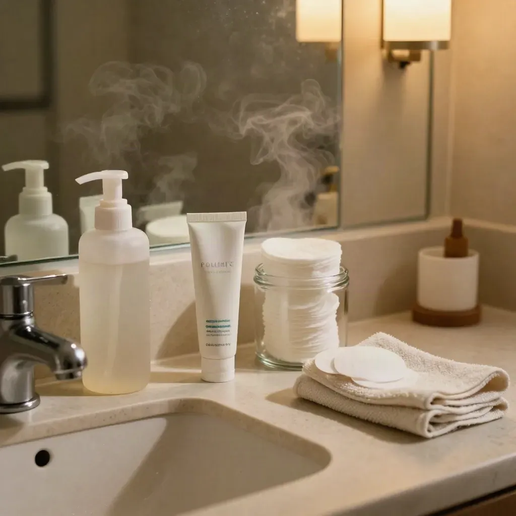 Teen acne-care products on a warm bathroom counter with soft lamp glow and mirror haze