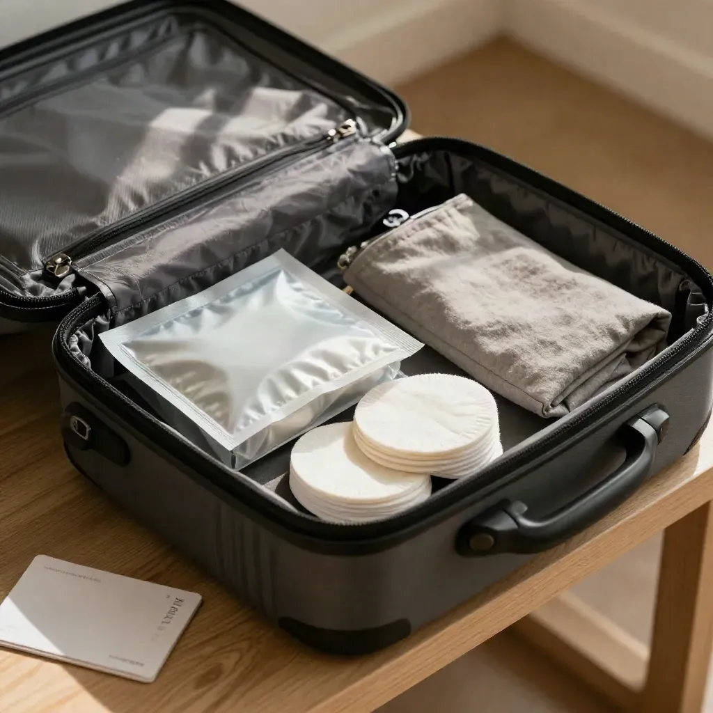 Open travel skincare case with pads and linen pouch on a warm oak bench