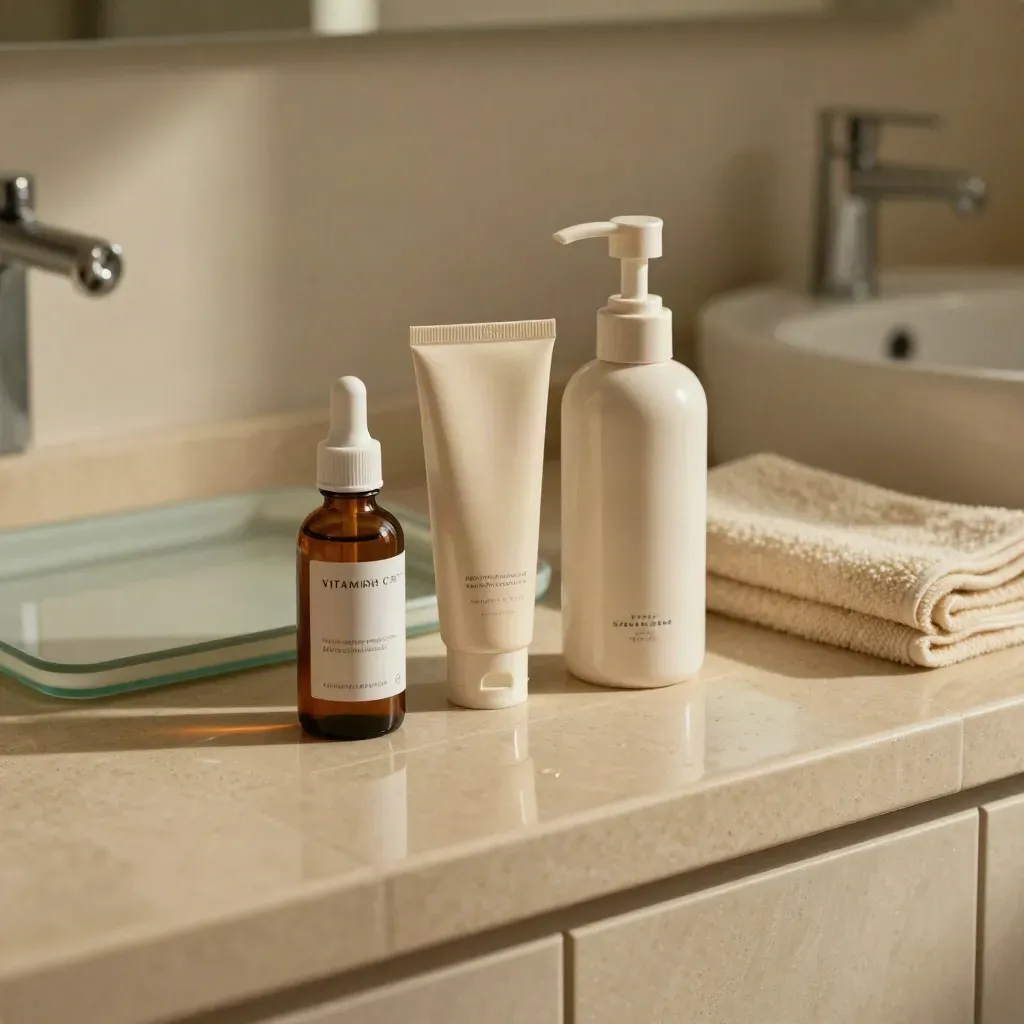 Clinic vanity shelf with serum, sunscreen, cleanser and a glowing ceramic tile.