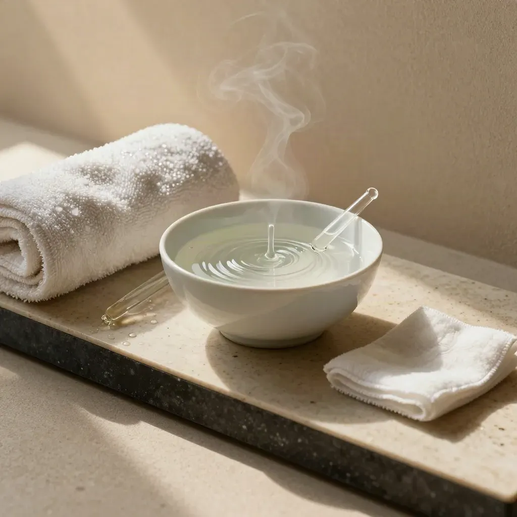 Chemical peel mix in porcelain bowl with dropper and chilled towel on travertine.