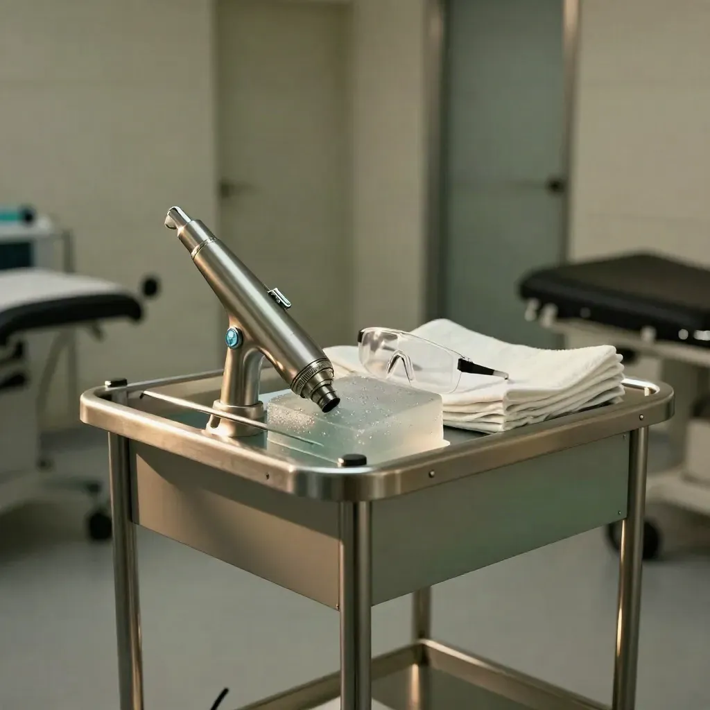 Laser therapy trolley with handpiece, gel block, goggles and linen in a dim clinic room